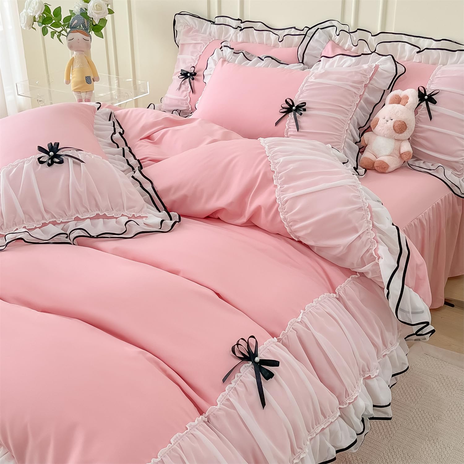 Ihoustriy Pink Duvet Cover Queen Size, Ruffle Beddding Set With Bowtie, 3 Pieces Comforter Cover Set With Zipper Closure, Girl B